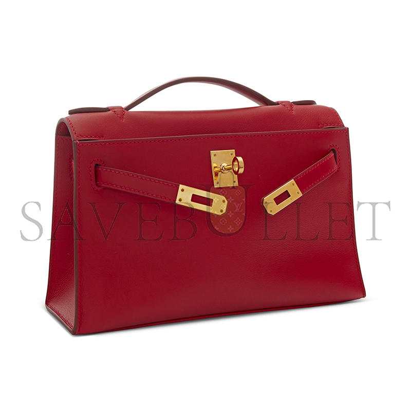 HERMES KELLY POCHETTE ROUGE VIF SWIFT GOLD HARDWARE (22*14*7cm)